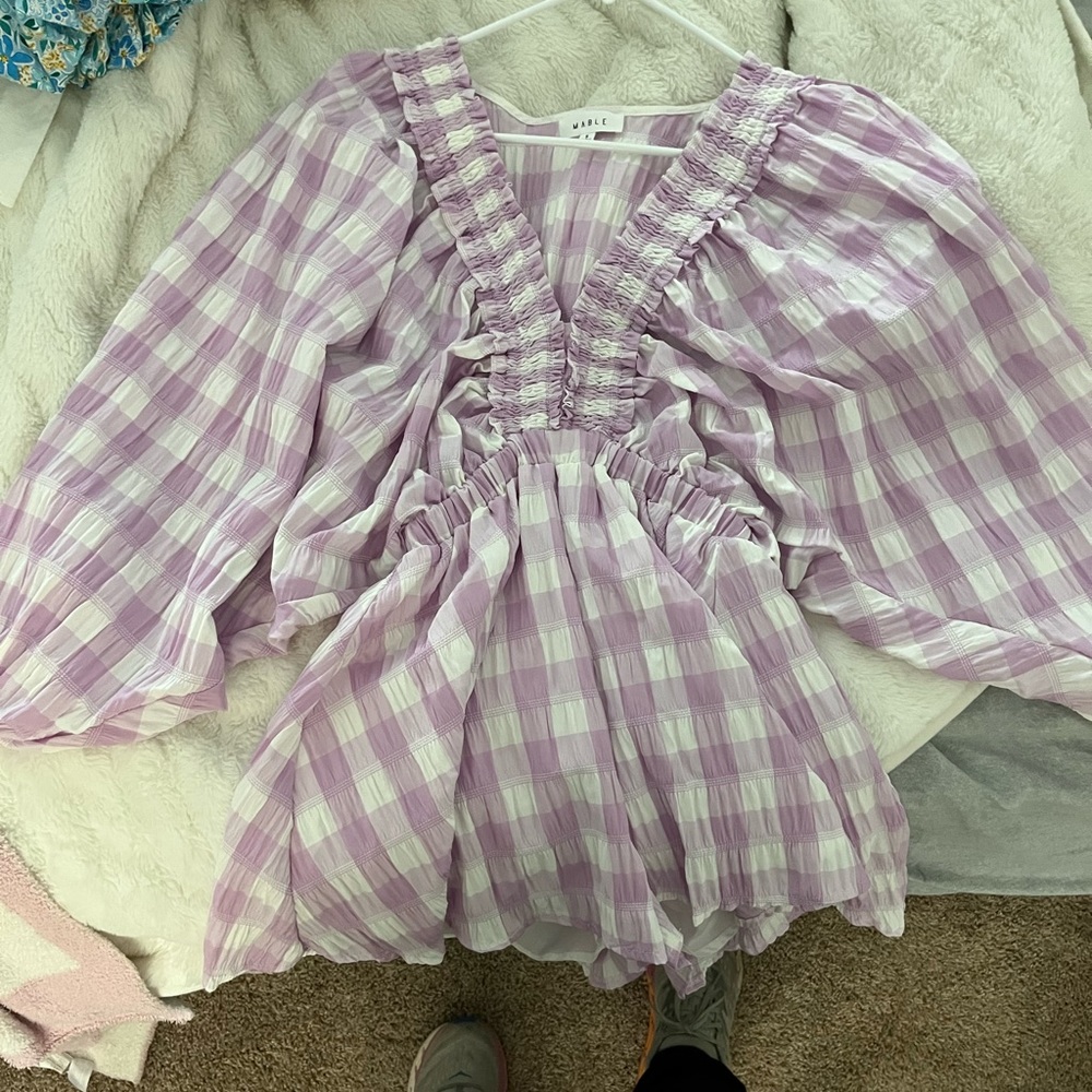 purple and white gingham romper